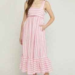 Entro The Kendall Pink & White Striped Midi Dress Dresses