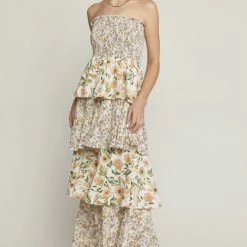 Entro Dresses The Alina Cream Floral Print Strapless Tiered Maxi Dress