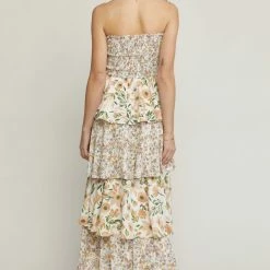 Entro Dresses The Alina Cream Floral Print Strapless Tiered Maxi Dress