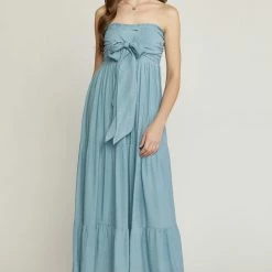 Entro The Chelsea Chambray Strapless Tie Front Maxi Dress