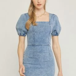 Entro Dresses The Geena Light Denim Puff Sleeve Mini Dress