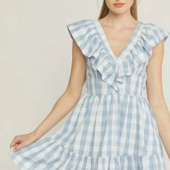 Entro Dresses The Grace Blue Gingham Sleeveless Tiered Mini Dress