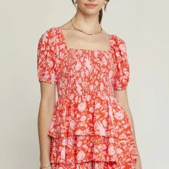 Entro The Leah Red Puff Sleeve Floral Print Romper Rompers