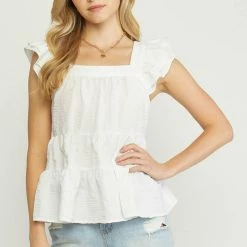 Entro The Phoenix White Square Neck Tiered Sleeveless Top Tops