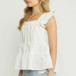 Entro The Phoenix White Square Neck Tiered Sleeveless Top Tops