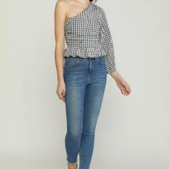 Entro The Quinn Black & White Gingham One Shoulder Top Tops