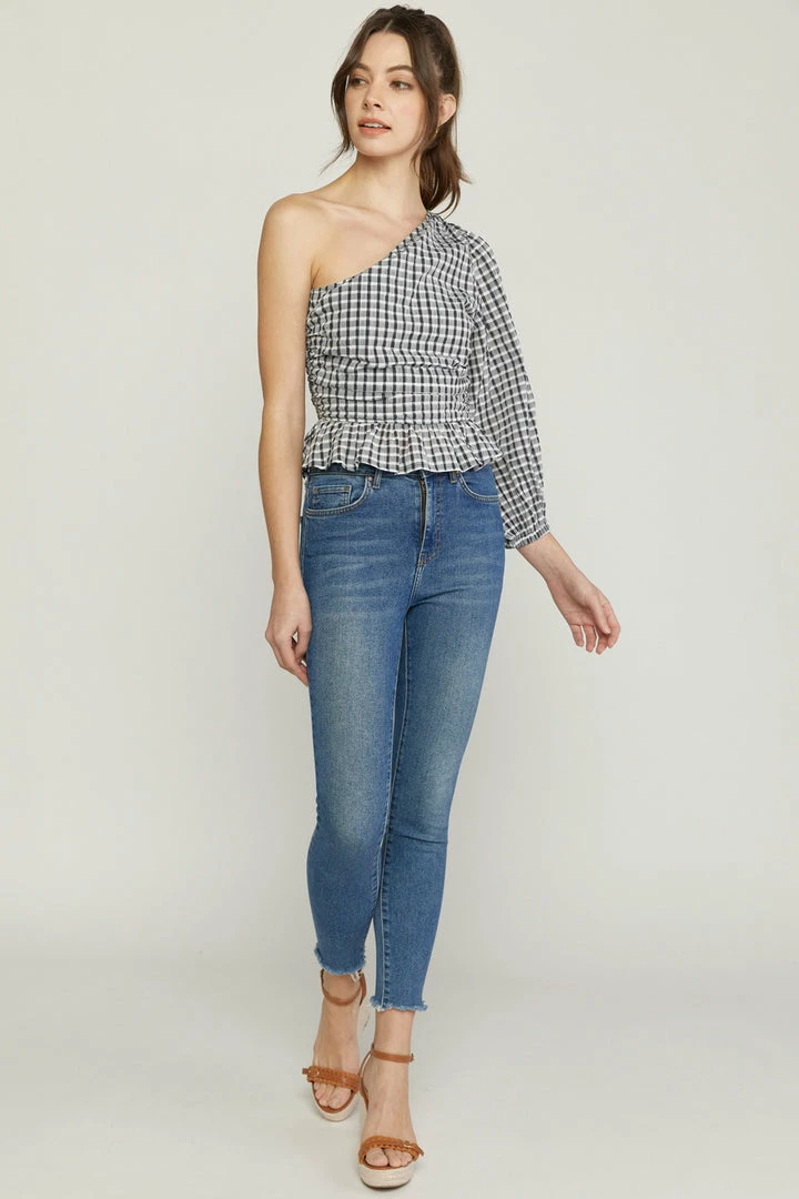 Entro The Quinn Black & White Gingham One Shoulder Top Tops
