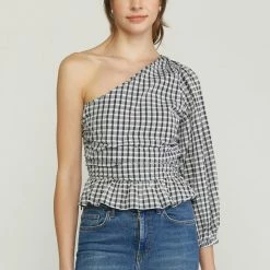 Entro The Quinn Black & White Gingham One Shoulder Top Tops