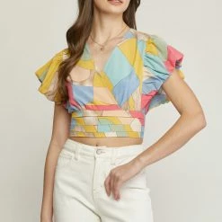 Entro The Alex Gold & Blue Bubble Sleeve Geometric Print Top