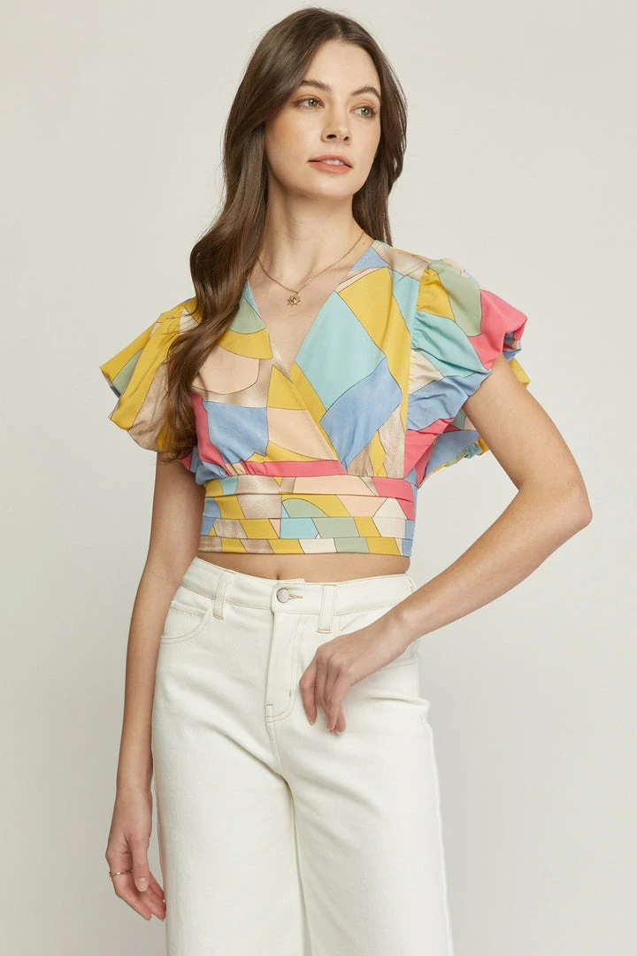 Entro The Alex Gold & Blue Bubble Sleeve Geometric Print Top