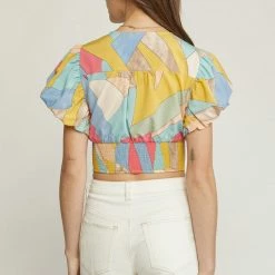 Entro The Alex Gold & Blue Bubble Sleeve Geometric Print Top