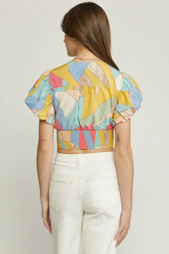 Entro The Alex Gold & Blue Bubble Sleeve Geometric Print Top
