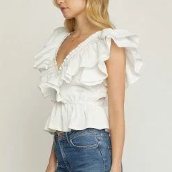 Entro The Bridget White Peplum Ruffled Top