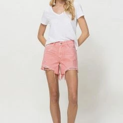 Vervet The Hayley High Rise Washed Pink Denim Frayed Hem Shorts