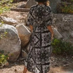 Love Stitch Dresses The Demi Black & Taupe Paisley Kimono Sleeve Faux Wrap Midi Dress