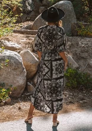 Love Stitch Dresses The Demi Black & Taupe Paisley Kimono Sleeve Faux Wrap Midi Dress
