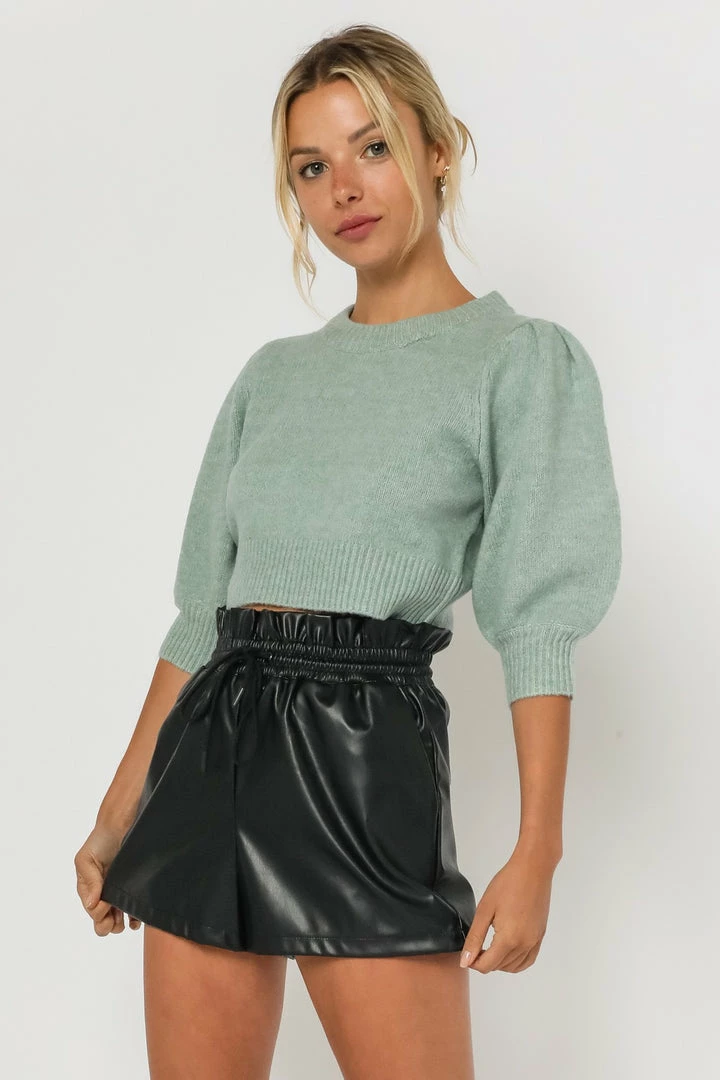 Olivaceous Tops The Marisol Sage Puff Sleeve Cropped Sweater